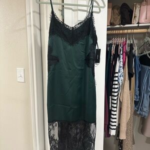 NWT Lulus Love You Most Dark Green Satin Lace Midi Slip Dress